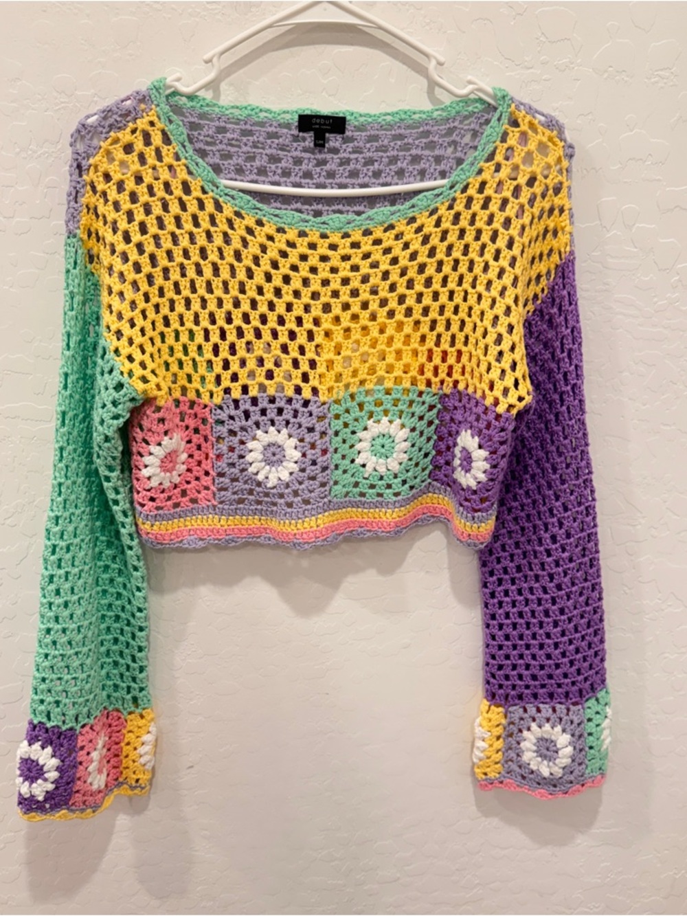 Debut Crochet Top Women’s Small Colorful Patchwork Granny Square Spring Festival